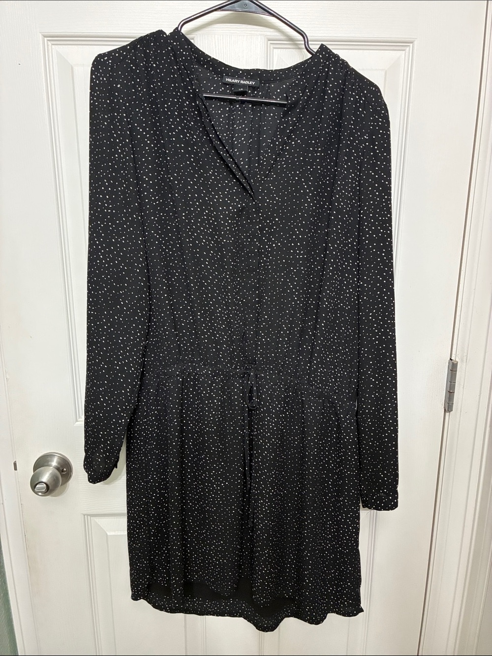 Hilary Radley Black Dot-Print Long Sleeve Drawstring Dress